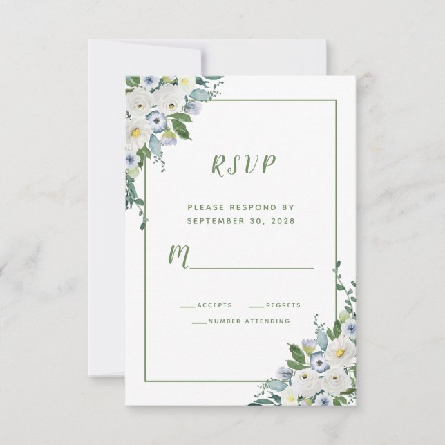 Floral Watercolor Elegant Wedding White Green RSVP Card (Front)