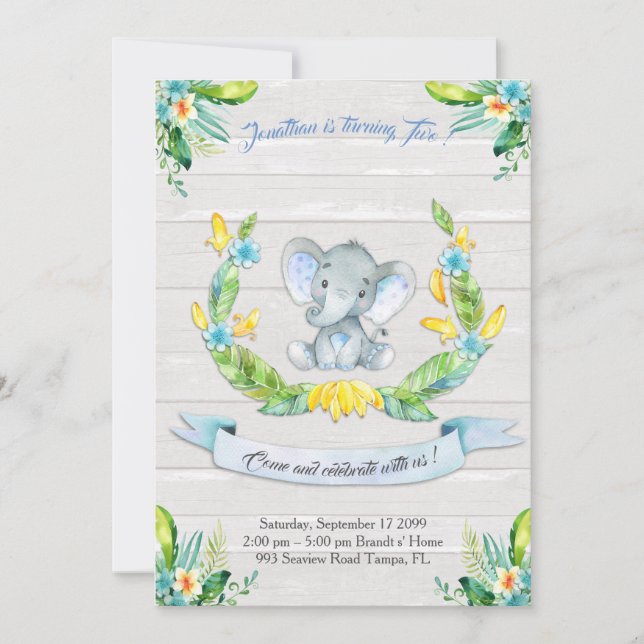 Floral watercolor Elephant Invitation,Baby boy 2nd Invitation (Front)