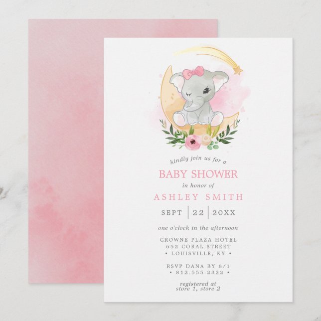 Floral Watercolor Elephant Moon Girl Baby Shower Invitation (Front/Back)