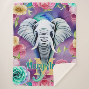 Floral Watercolor Elephant Personalised Name Sherpa Blanket