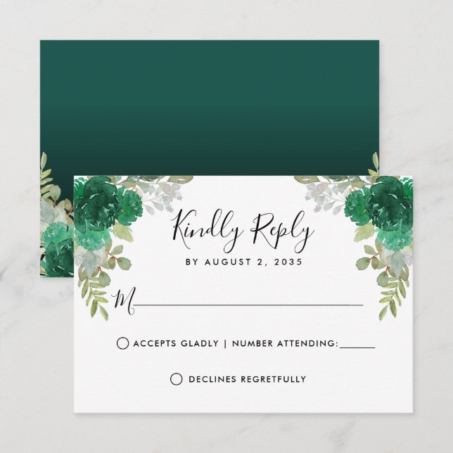 Floral Watercolor Emerald Green Quinceanera RSVP Card (Front/Back)