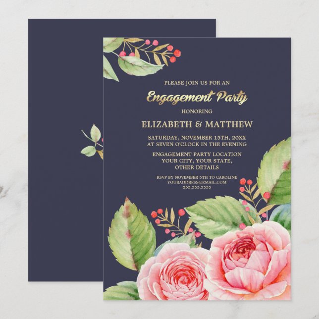 Floral Watercolor Engagement Party Invitations (Front/Back)