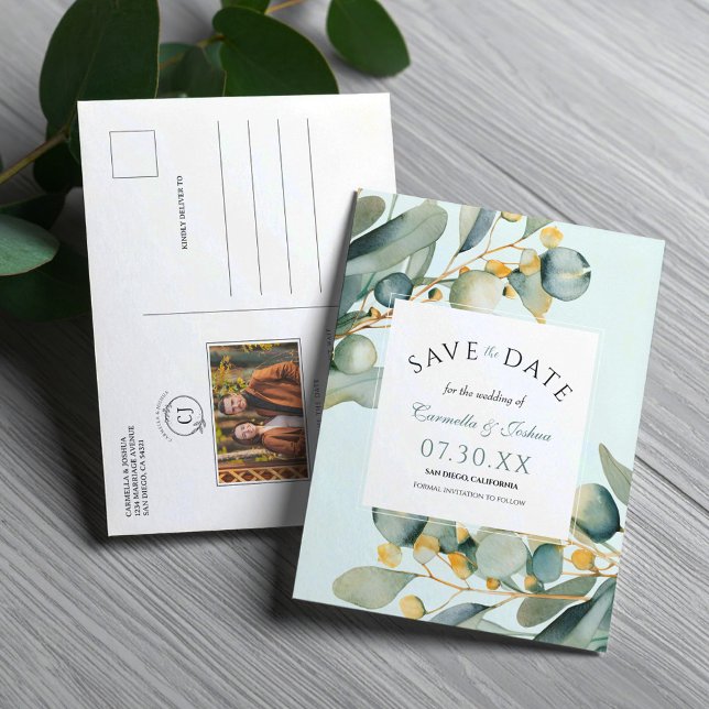 Floral Watercolor Eucalyptus Photo Save The Date Postcard (Creator Uploaded)