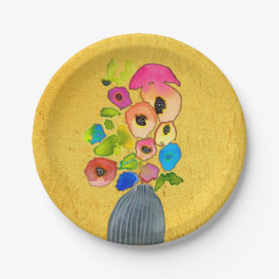 Floral watercolor flowers in vase paper plate