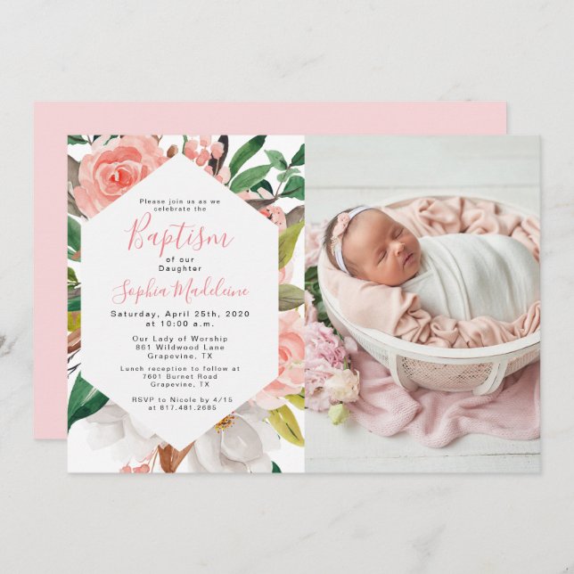 Floral Watercolor Girl Baptism Photo Invitation (Front/Back)