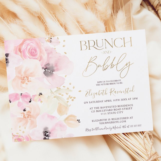 Floral watercolor gold brunch bubbly bridal shower invitation (Creator Uploaded)