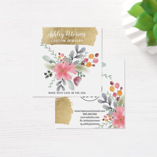 Floral watercolor gold foil stud earring display (Desk)