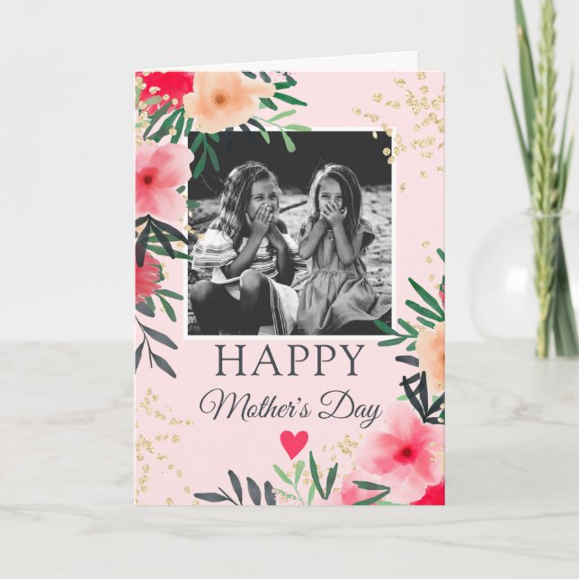 Floral watercolor gold poem photo Mother's day Card (Front)