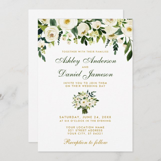 Floral Watercolor Green Gold Photo Wedding Invitation (Front/Back)
