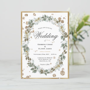 Floral Watercolor Greenery Gold Frame Wedding Invitation