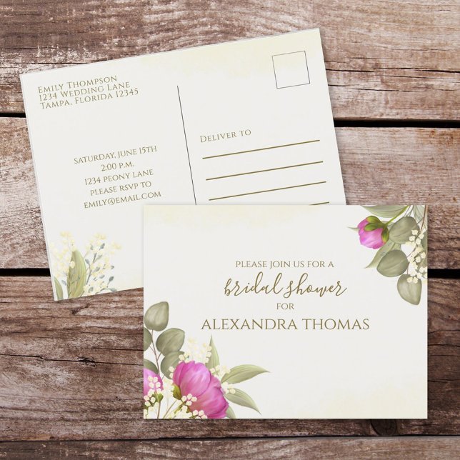 Floral Watercolor Greenery Peony Bridal Shower Postcard (Creator Uploaded)