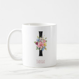 Floral Watercolor H Monogram Name Black Polka Dot Coffee Mug