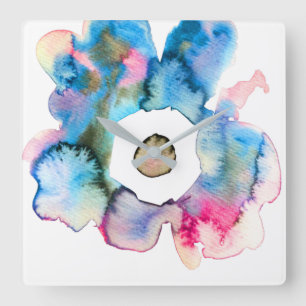Floral watercolor hand drawn abstract art square wall clock