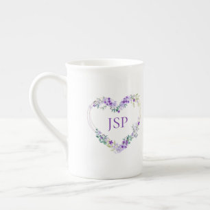 Floral Watercolor Heart with Leaves in Purple Bone China Mug