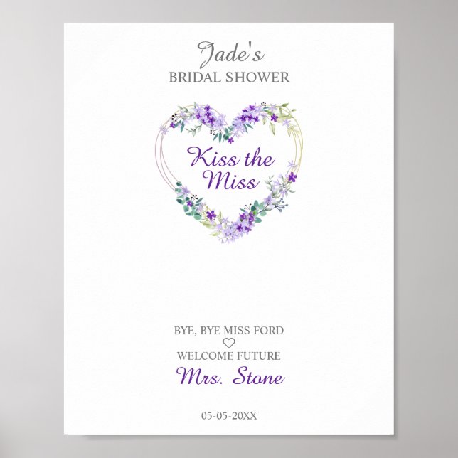 Floral Watercolor Heart with Leaves in Purple Poster (Front)