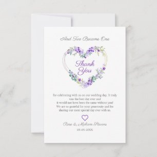 Floral Watercolor Heart with Leaves in Purple Thank You Card