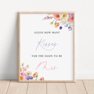 Floral Watercolor How Many Kisses Bridal Shower Poster