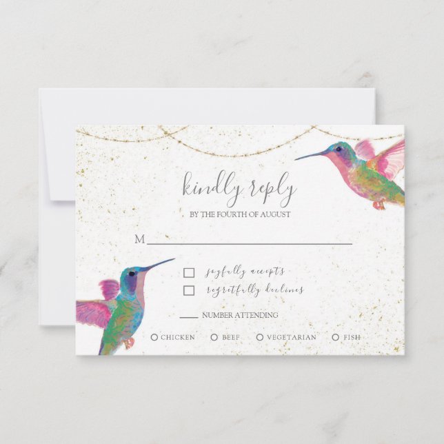 Floral Watercolor Hummingbirds Gold RSVP Card (Front)