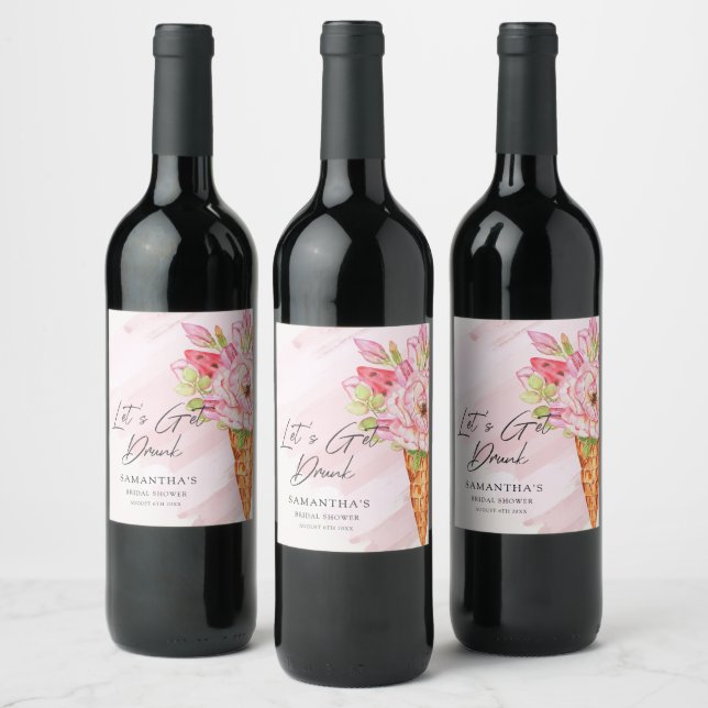 Floral Watercolor Ice Cream Bridal Shower Wine Label (Bottles)