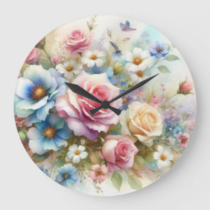 Floral watercolor in soft pastel colours large clock