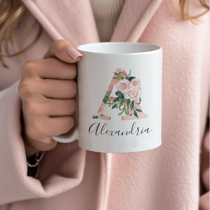 Floral Watercolor Initial Mug - A