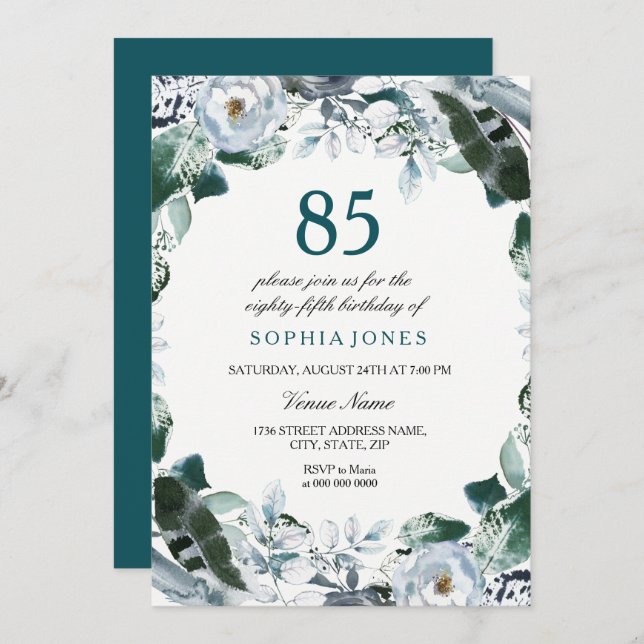 Floral Watercolor Jade Green 85th Birthday Invite (Front/Back)
