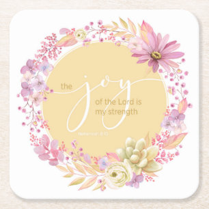 Floral Watercolor Joy of the Lord Square Paper Coaster