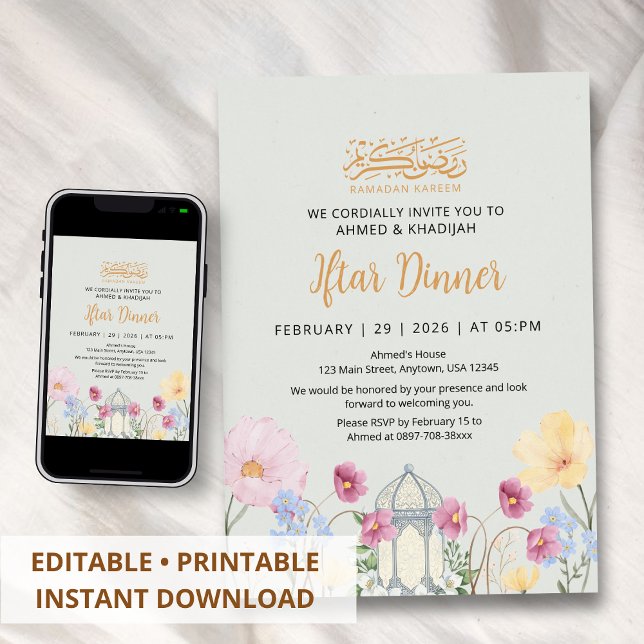 Floral Watercolor Lantern Ramadan Iftar Invitation (Creator Uploaded)