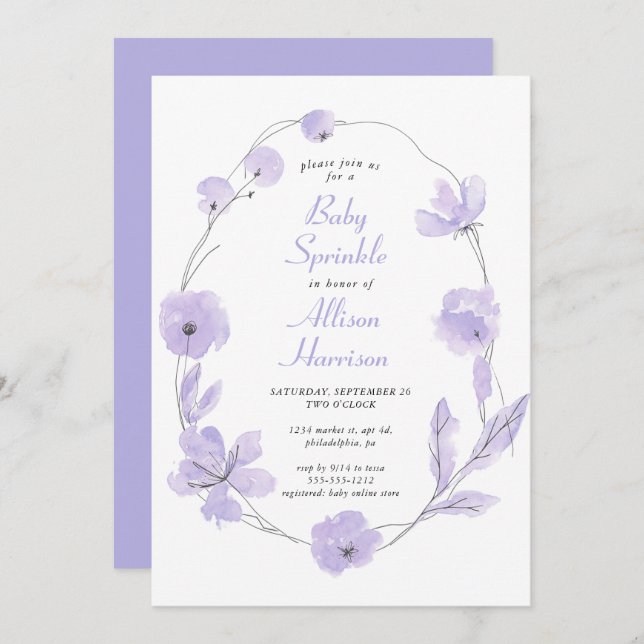 Floral Watercolor Lavender Baby Sprinkle Invitation (Front/Back)