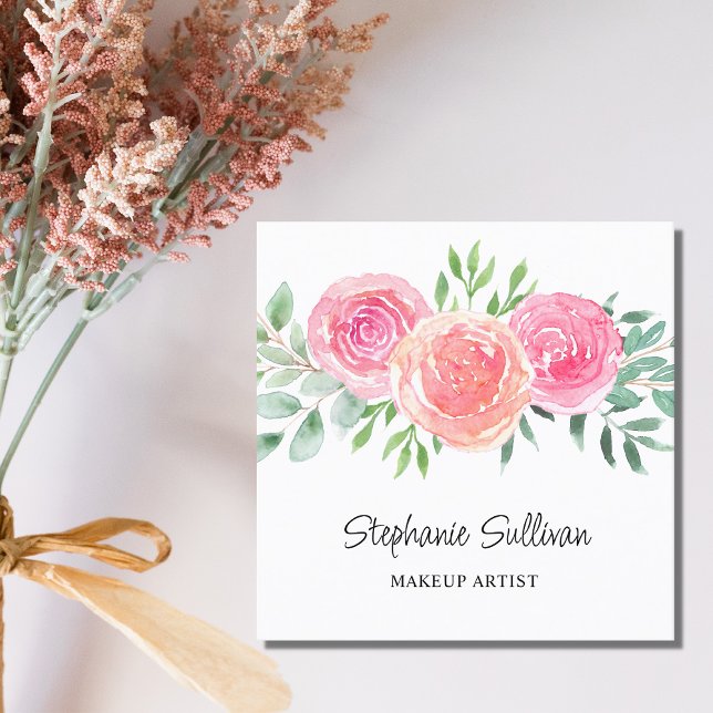 Floral Watercolor Makeup Artist Square Business Card (Creator Uploaded)
