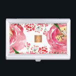 Floral watercolor metallic copper square monogram business card holder<br><div class="desc">Luxurious glamourous classy professional big pink red peonies and berries patterned monogrammed business card holder for makeup artist | hairstylist | fashion stylist | home interior decorator | designer | architect with shinny beige tan copper metallic look geometric square label. Perfect choice for an elegant feminine stylish sophisticated look. -----...</div>