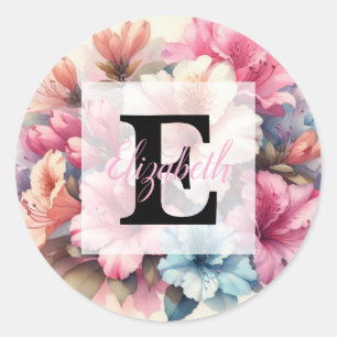 Floral watercolor monogram pink blue azaleas classic round sticker