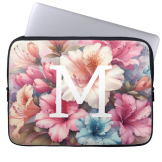 Floral watercolor monogram pink blue azaleas  laptop sleeve