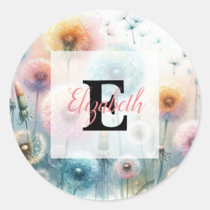Floral watercolor monogram pink blue dandelions  classic round sticker