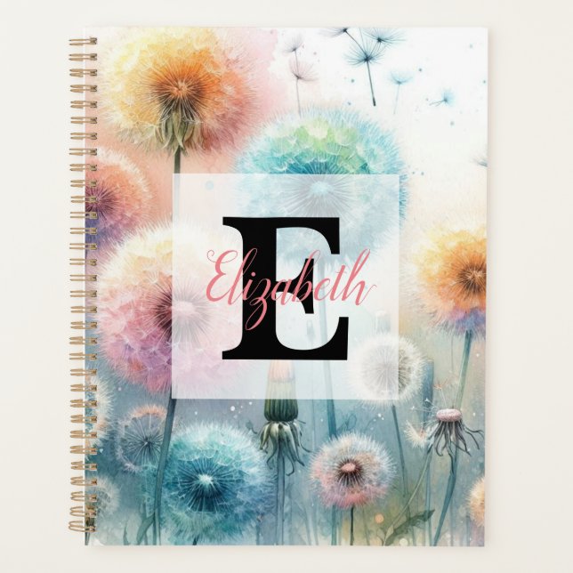 Floral watercolor monogram pink blue dandelions  planner (Front)