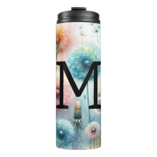 Floral watercolor monogram pink blue dandelions  thermal tumbler