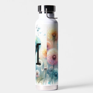 Floral watercolor monogram pink blue dandelions water bottle