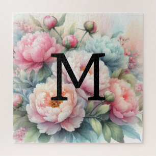 Floral watercolor monogram pink blue peonies jigsaw puzzle
