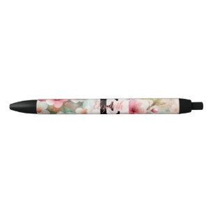 Floral watercolor monogram pink cherry blossoms  black ink pen