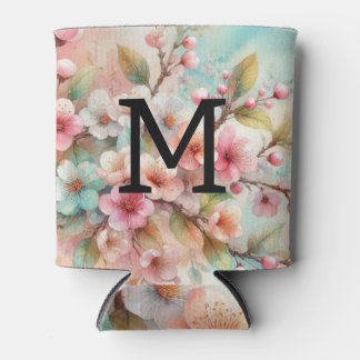 Floral watercolor monogram pink cherry blossoms  can cooler