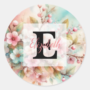 Floral watercolor monogram pink cherry blossoms classic round sticker