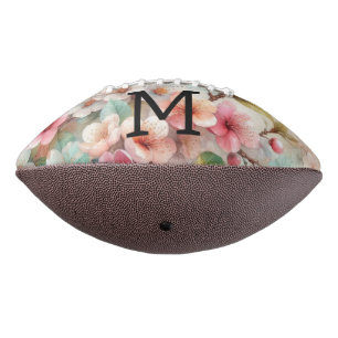 Floral watercolor monogram pink cherry blossoms football