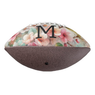 Floral watercolor monogram pink cherry blossoms  football