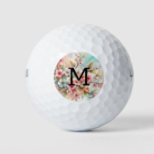 Floral watercolor monogram pink cherry blossoms golf balls
