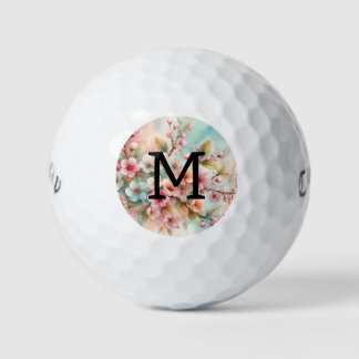 Floral watercolor monogram pink cherry blossoms  golf balls