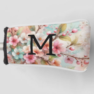 Floral watercolor monogram pink cherry blossoms golf head cover