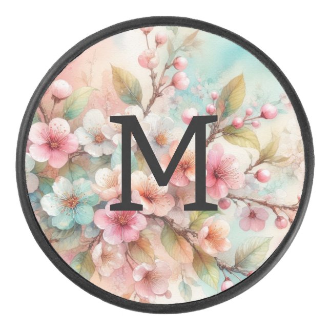 Floral watercolor monogram pink cherry blossoms  hockey puck (Front)