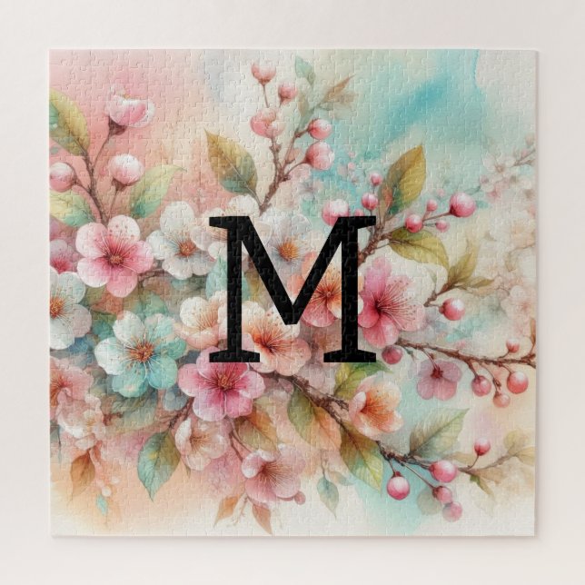 Floral watercolor monogram pink cherry blossoms  jigsaw puzzle (Vertical)