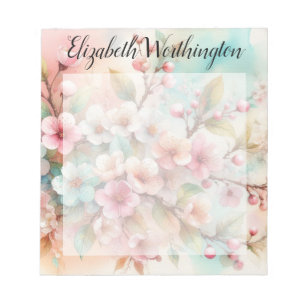 Floral watercolor monogram pink cherry blossoms notepad