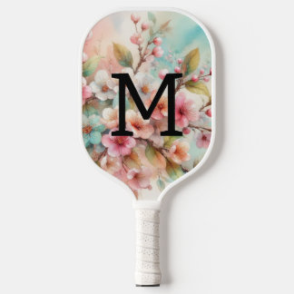 Floral watercolor monogram pink cherry blossoms  pickleball paddle